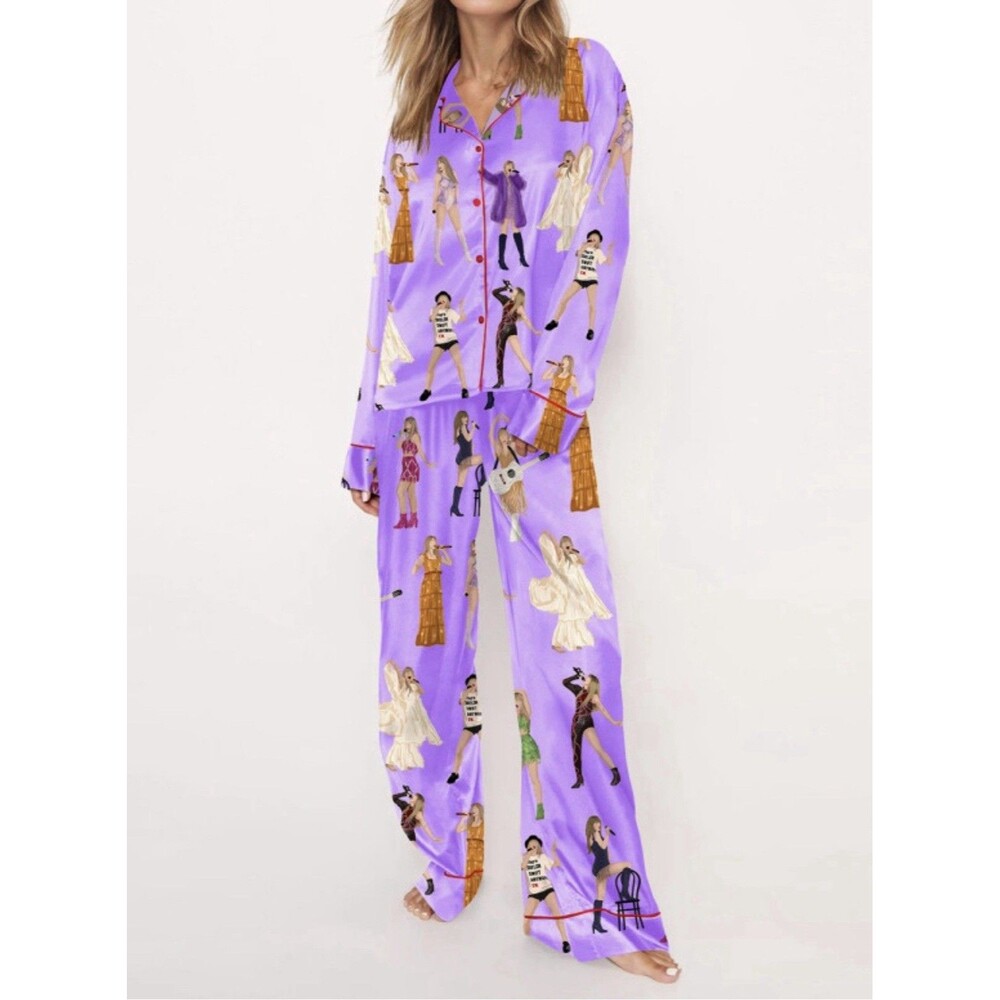 Sheshow Taylor Swift Eras Tour Satin Long Button Up Pajama Set Size Small NWT
